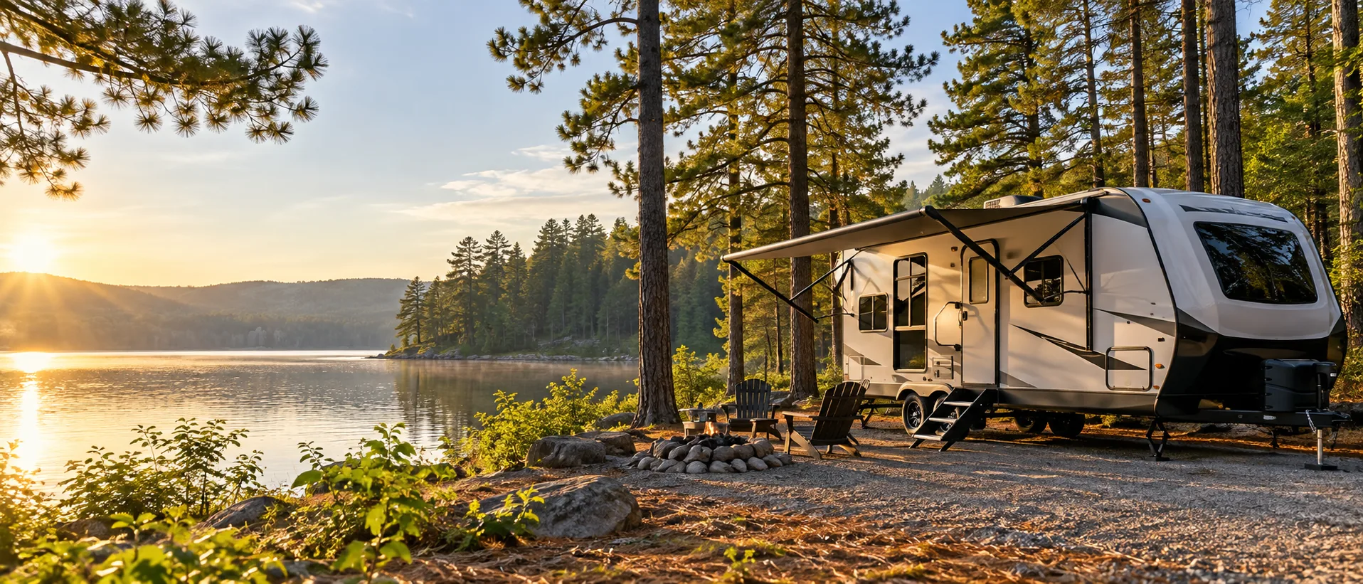 Travel trailer at a quiet wooded lakeside campsite