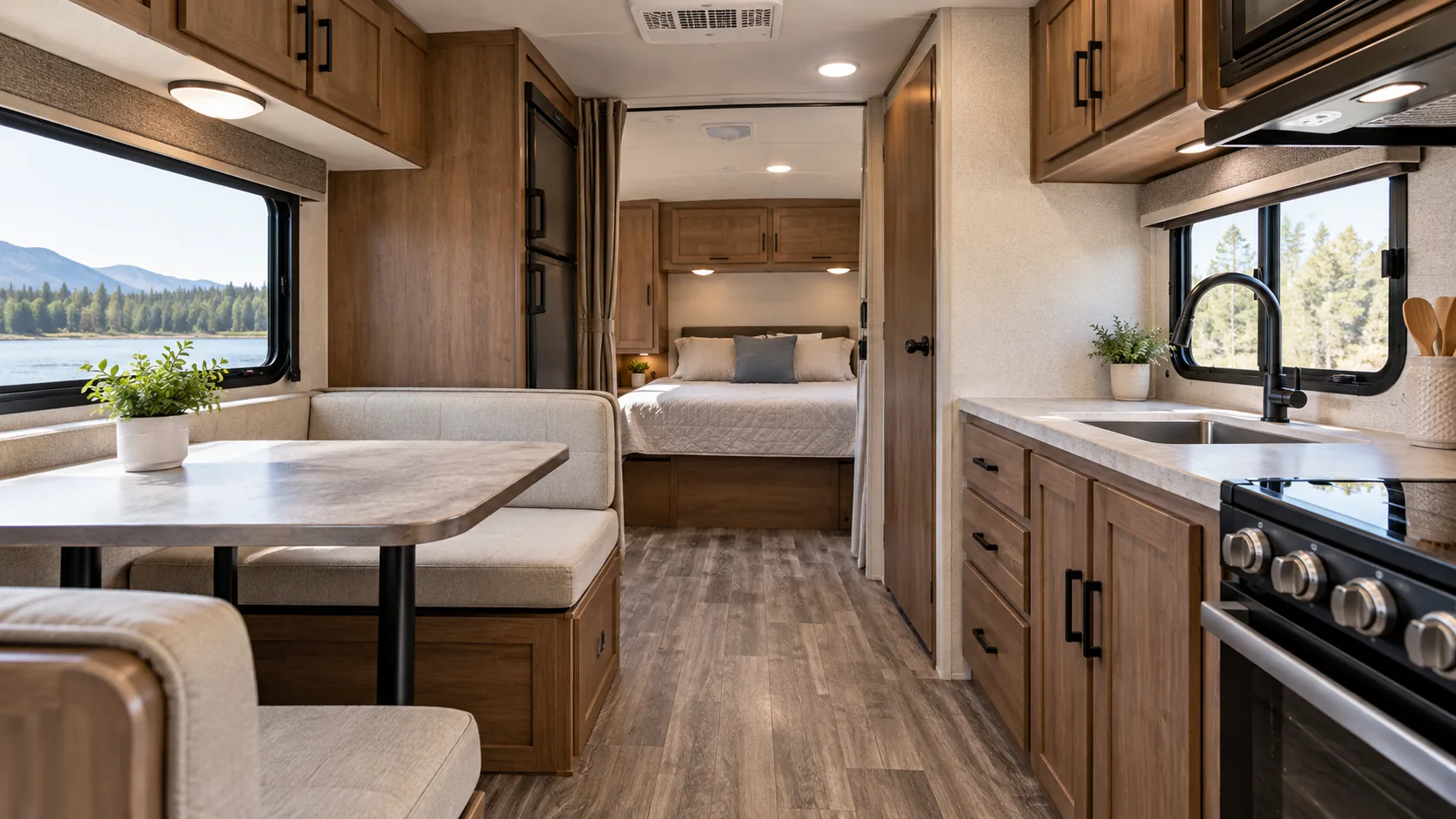 Illustrative modern RV interior with dinette, kitchen, and sleeping area