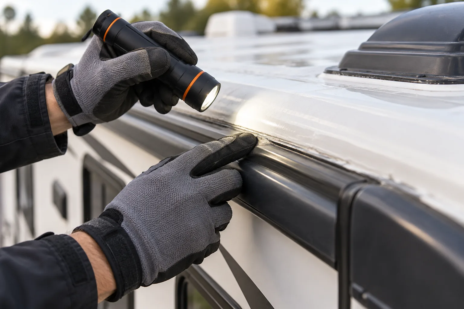 Illustrative close-up of gloved hands examining an RV roof seal