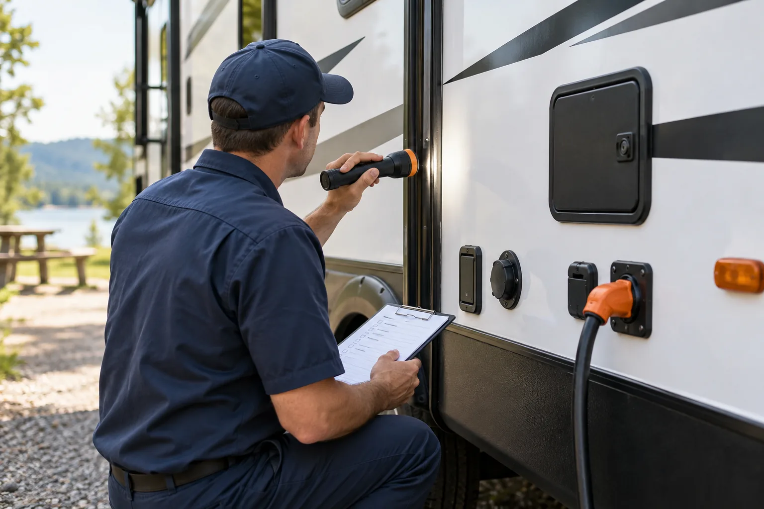 Illustrative technician inspecting the exterior of a travel trailer